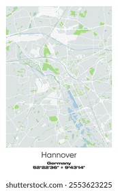 Editable vector poster map of Hannover, Germany, showcasing detailed street layouts, main roads, neighborhoods, and landmarks in Gray, white, green, blue colors.