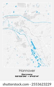 Editable vector poster map of Hannover, Germany, showcasing detailed street layouts, main roads, neighborhoods, and landmarks in Gray, white, blue colors.