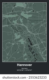 Editable vector poster map of Hannover, Germany, showcasing detailed street layouts, main roads, neighborhoods, and landmarks in Dark gray, Gray, Green, gray-green colors.