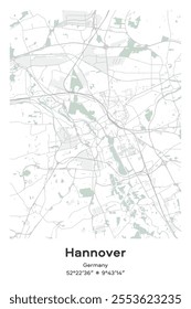 Editable vector poster map of Hannover, Germany, showcasing detailed street layouts, main roads, neighborhoods, and landmarks in Pastel, Gray, White, Green colors.