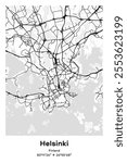 Editable vector poster map of Helsinki, Finland, showcasing detailed street layouts, main roads, neighborhoods, and landmarks in Black, white, gray, BW colors.