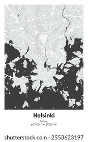 Editable vector poster map of Helsinki, Finland, showcasing detailed street layouts, main roads, neighborhoods, and landmarks in Gray, Black, White, BW colors.