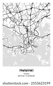 Editable vector poster map of Helsinki, Finland, showcasing detailed street layouts, main roads, neighborhoods, and landmarks in Black, white, gray, BW colors.