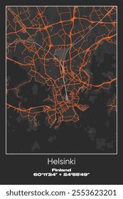 Editable vector poster map of Helsinki, Finland, showcasing detailed street layouts, main roads, neighborhoods, and landmarks in Gray, Black, Orange colors.