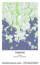 Editable vector poster map of Helsinki, Finland, showcasing detailed street layouts, main roads, neighborhoods, and landmarks in Gray, Blue, Green, White colors.