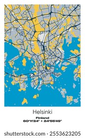 Editable vector poster map of Helsinki, Finland, showcasing detailed street layouts, main roads, neighborhoods, and landmarks in Blue, Gray, Yellow, Olive colors.