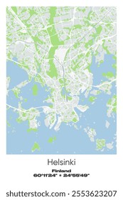 Editable vector poster map of Helsinki, Finland, showcasing detailed street layouts, main roads, neighborhoods, and landmarks in Gray, white, green, blue colors.