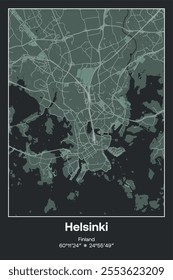 Editable vector poster map of Helsinki, Finland, showcasing detailed street layouts, main roads, neighborhoods, and landmarks in Dark gray, Gray, Green, gray-green colors.