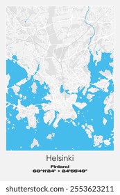 Editable vector poster map of Helsinki, Finland, showcasing detailed street layouts, main roads, neighborhoods, and landmarks in Gray, white, blue colors.