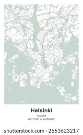 Editable vector poster map of Helsinki, Finland, showcasing detailed street layouts, main roads, neighborhoods, and landmarks in Pastel, Gray, White, Green colors.