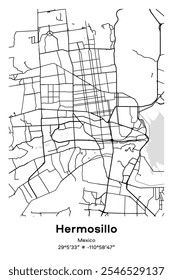 Editable vector poster map of Hermosillo, Mexico, showcasing detailed street layouts, main roads, neighborhoods, and landmarks in Black, white, gray, BW colors.