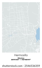Editable vector poster map of Hermosillo, Mexico, showcasing detailed street layouts, main roads, neighborhoods, and landmarks in Gray, white, green, blue colors.