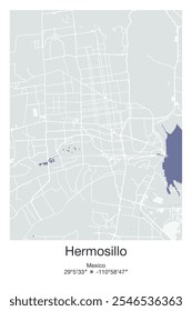 Editable vector poster map of Hermosillo, Mexico, showcasing detailed street layouts, main roads, neighborhoods, and landmarks in Gray, Blue, Green, White colors.