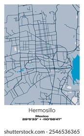Editable vector poster map of Hermosillo, Mexico, showcasing detailed street layouts, main roads, neighborhoods, and landmarks in Blue, Gray, Yellow, Olive colors.