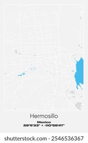 Editable vector poster map of Hermosillo, Mexico, showcasing detailed street layouts, main roads, neighborhoods, and landmarks in Gray, white, blue colors.