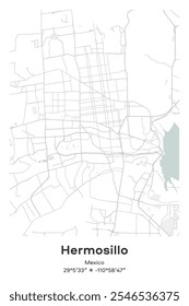 Editable vector poster map of Hermosillo, Mexico, showcasing detailed street layouts, main roads, neighborhoods, and landmarks in Pastel, Gray, White, Green colors.