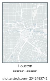 Editable vector poster map of Houston Center,Texas, showcasing detailed street layouts, main roads, neighborhoods, and landmarks in Gray, white, green, blue colors.
