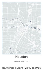 Editable vector poster map of Houston Center,Texas, showcasing detailed street layouts, main roads, neighborhoods, and landmarks in Gray, Blue, Green, White colors.