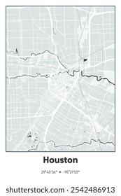Editable vector poster map of Houston Center,Texas, showcasing detailed street layouts, main roads, neighborhoods, and landmarks in Gray, Black, White colors.