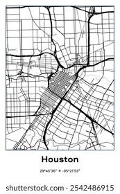 Editable vector poster map of Houston Center,Texas, showcasing detailed street layouts, main roads, neighborhoods, and landmarks in Black, white, gray colors.