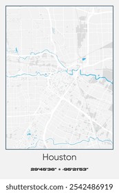 Editable vector poster map of Houston Center,Texas, showcasing detailed street layouts, main roads, neighborhoods, and landmarks in Gray, white, blue colors.