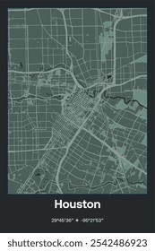 Editable vector poster map of Houston Center,Texas, showcasing detailed street layouts, main roads, neighborhoods, and landmarks in Dark gray, Gray, Green, gray-green colors.