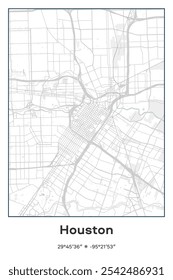 Mapa de pôster vetorial editável do Houston Center, Texas, exibindo detalhados layouts de ruas, principais estradas, bairros e pontos de referência em cores Pastel, Gray, White, Green.