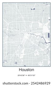 Editable vector poster map of Houston,Texas, showcasing detailed street layouts, main roads, neighborhoods, and landmarks in Gray, Blue, Green, White colors.