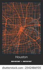 Editable vector poster map of Houston,Texas, showcasing detailed street layouts, main roads, neighborhoods, and landmarks in Gray, Black, Orange colors.