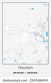 Editable vector poster map of Houston,Texas, showcasing detailed street layouts, main roads, neighborhoods, and landmarks in Gray, white, blue colors.
