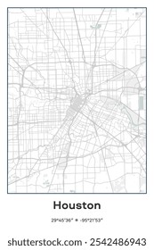Editable vector poster map of Houston,Texas, showcasing detailed street layouts, main roads, neighborhoods, and landmarks in Pastel, Gray, White, Green colors.