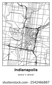 Editable vector poster map of Indianapolis,Indiana, showcasing detailed street layouts, main roads, neighborhoods, and landmarks in Black, white, gray colors.