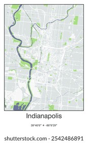 Editable vector poster map of Indianapolis,Indiana, showcasing detailed street layouts, main roads, neighborhoods, and landmarks in Gray, Blue, Green, White colors.