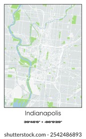 Editable vector poster map of Indianapolis,Indiana, showcasing detailed street layouts, main roads, neighborhoods, and landmarks in Gray, white, green, blue colors.