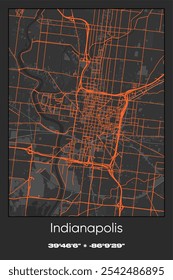 Editable vector poster map of Indianapolis,Indiana, showcasing detailed street layouts, main roads, neighborhoods, and landmarks in Gray, Black, Orange colors.