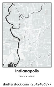 Editable vector poster map of Indianapolis,Indiana, showcasing detailed street layouts, main roads, neighborhoods, and landmarks in Gray, Black, White colors.