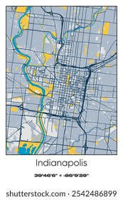 Editable vector poster map of Indianapolis,Indiana, showcasing detailed street layouts, main roads, neighborhoods, and landmarks in Blue, Gray, Yellow, Olive colors.