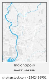 Editable vector poster map of Indianapolis,Indiana, showcasing detailed street layouts, main roads, neighborhoods, and landmarks in Gray, white, blue colors.