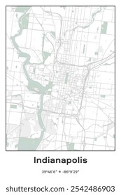 Editable vector poster map of Indianapolis,Indiana, showcasing detailed street layouts, main roads, neighborhoods, and landmarks in Pastel, Gray, White, Green colors.