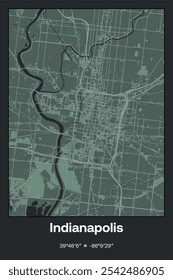 Editable vector poster map of Indianapolis,Indiana, showcasing detailed street layouts, main roads, neighborhoods, and landmarks in Dark gray, Gray, Green, gray-green colors.