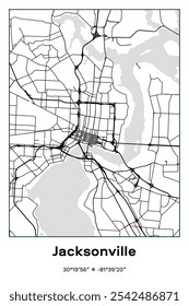 Editable vector poster map of Jacksonville,Florida, showcasing detailed street layouts, main roads, neighborhoods, and landmarks in Black, white, gray colors.