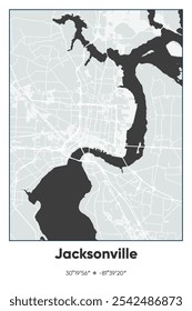 Editable vector poster map of Jacksonville,Florida, showcasing detailed street layouts, main roads, neighborhoods, and landmarks in Gray, Black, White colors.
