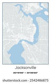 Editable vector poster map of Jacksonville,Florida, showcasing detailed street layouts, main roads, neighborhoods, and landmarks in Gray, white, green, blue colors.