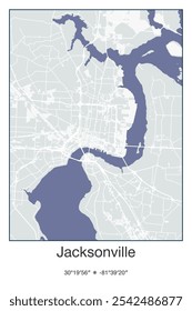 Editable vector poster map of Jacksonville,Florida, showcasing detailed street layouts, main roads, neighborhoods, and landmarks in Gray, Blue, Green, White colors.