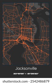 Mapa de pôster vetorial editável de Jacksonville, Flórida, mostrando detalhados layouts de rua, estradas principais, bairros e pontos de referência em cores cinza, preto, laranja.