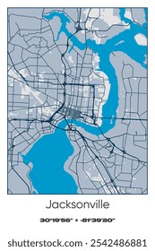 Editable vector poster map of Jacksonville,Florida, showcasing detailed street layouts, main roads, neighborhoods, and landmarks in Blue, Gray, Yellow, Olive colors.
