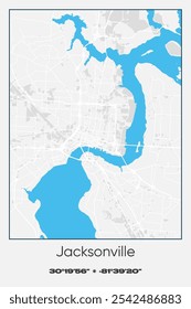 Editable vector poster map of Jacksonville,Florida, showcasing detailed street layouts, main roads, neighborhoods, and landmarks in Gray, white, blue colors.