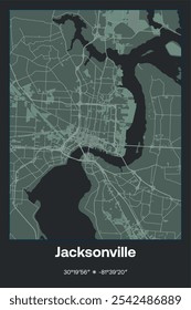 Editable vector poster map of Jacksonville,Florida, showcasing detailed street layouts, main roads, neighborhoods, and landmarks in Dark gray, Gray, Green, gray-green colors.