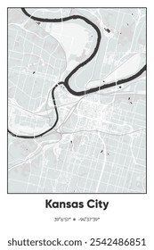 Editable vector poster map of Kansas City,Missouri, showcasing detailed street layouts, main roads, neighborhoods, and landmarks in Gray, Black, White colors.