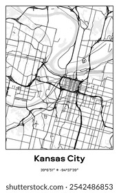Editable vector poster map of Kansas City,Missouri, showcasing detailed street layouts, main roads, neighborhoods, and landmarks in Black, white, gray colors.